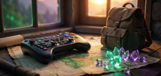 Manette de jeu posée près d’une carte usée, de fragments de cristal lumineux et d’un petit sac à dos, évoquant la suite d’une grande aventure fantastique.