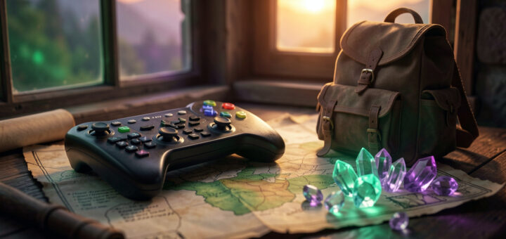 Manette de jeu posée près d’une carte usée, de fragments de cristal lumineux et d’un petit sac à dos, évoquant la suite d’une grande aventure fantastique.