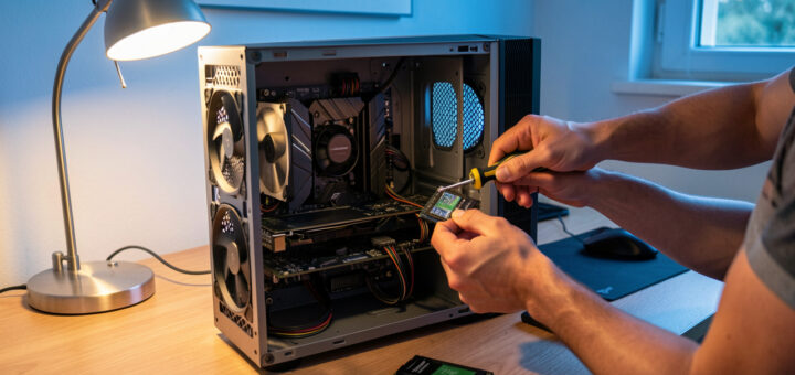 Ordinateur de jeu ouvert avec une carte graphique, de la mémoire vive et un SSD abordables prêts à être installés sur un bureau.