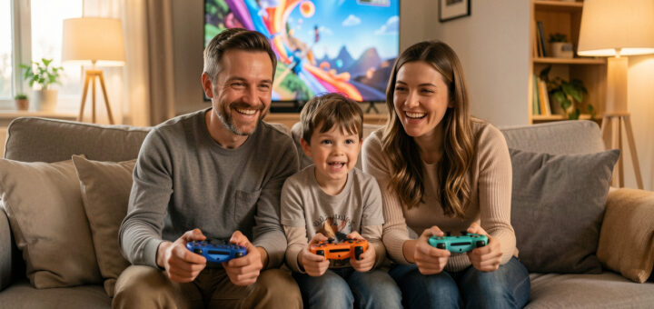 Un homme, une femme, un garçon et une fille jouent ensemble à un jeu vidéo coopératif dans un salon chaleureux, avec des manettes colorées.