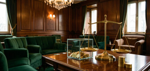 Salon élégant inspiré d’un casino, avec une balance en laiton, une boîte vitrée sécurisée et des jetons dorés symbolisant la fiabilité, les bonus et la vigilance face aux risques.