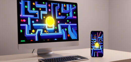 Jeu vidéo de labyrinthe rétro affiché sur un écran d’ordinateur et un smartphone, avec un orbe jaune lumineux et des couloirs colorés.