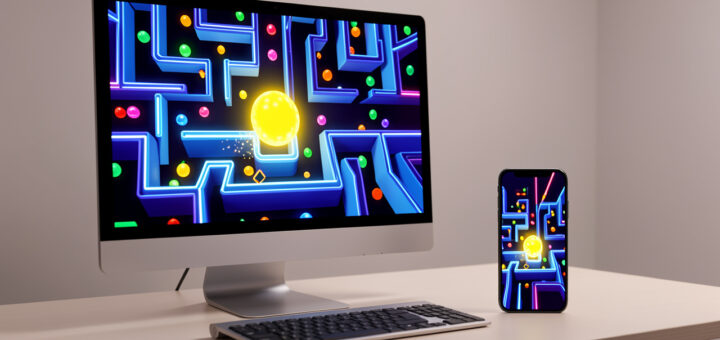 Jeu vidéo de labyrinthe rétro affiché sur un écran d’ordinateur et un smartphone, avec un orbe jaune lumineux et des couloirs colorés.