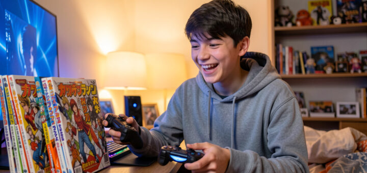 Un adolescent souriant choisit des mangas aux couvertures illustrées près d’une manette de jeu vidéo dans une chambre chaleureuse.