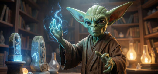 Petit sage extraterrestre vert en robe brune, montrant ses pouvoirs mystérieux dans une salle ancienne éclairée de lueurs bleues et ambrées.