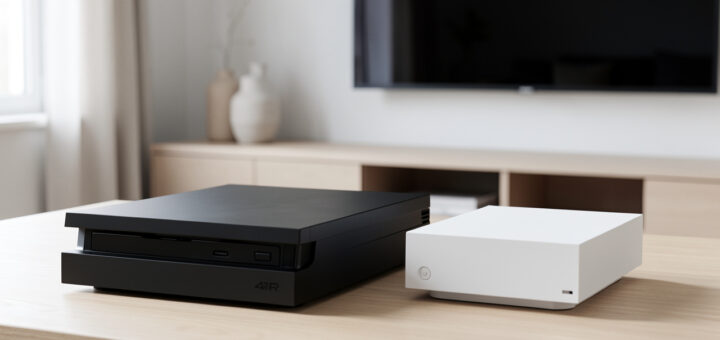 Deux consoles de jeu modernes, l’une noire avec lecteur optique et l’autre blanche et compacte, placées côte à côte dans un salon sobre avec un grand téléviseur en arrière-plan.