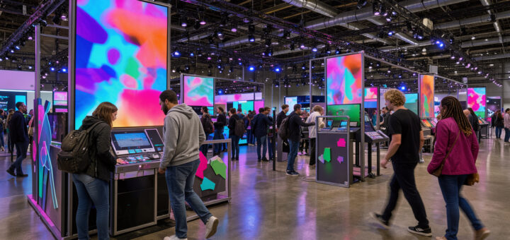 Vue dynamique d’un grand salon de jeu vidéo à Paris, avec des visiteurs devant des stands lumineux et de grands écrans aux couleurs vives.